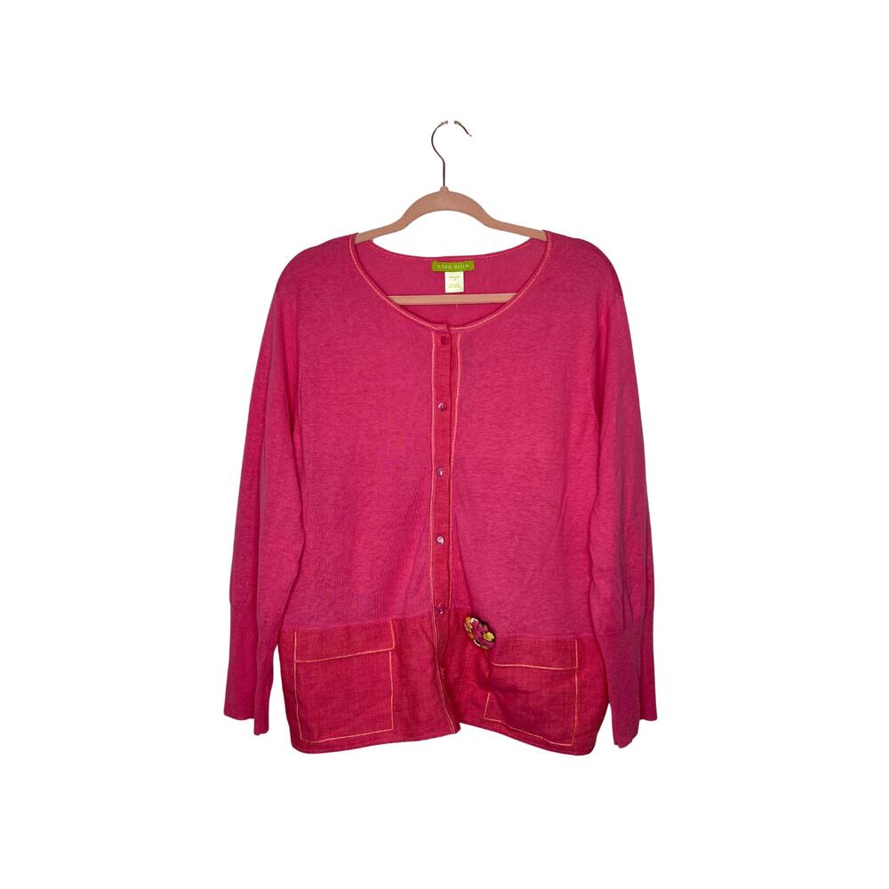 NWT Sigrid Olsen Fiesta Samba Island Flower Pink Long Sleeve Button Sweater 1X